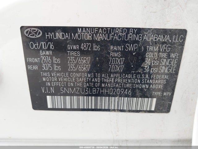 Продаж на аукціоні авто 2017 Hyundai Santa Fe Sport 2.4l, vin: 5NMZU3LB7HH020946, номер лоту: 45800739