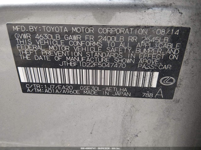 45800741 :رقم المزاد ، JTHBF1D22F5047470 vin ، 2015 Lexus Is 250 مزاد بيع