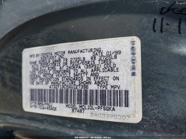 Продажа на аукционе авто 1999 Toyota Sienna Le, vin: 4T3ZF13C5XU127396, номер лота: 45800747
