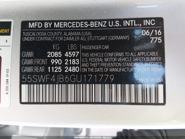 45800771 :رقم المزاد ، 55SWF4JB6GU171779 vin ، 2016 Mercedes-benz C 300 مزاد بيع