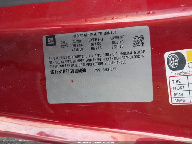 Aukcja sprzedaży 2016 Chevrolet Camaro 1lt, vin: 1G1FB1RS1G0135098, numer aukcji: 45800786
