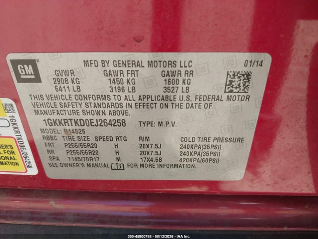 2014 Gmc Acadia Denali მანქანა იყიდება აუქციონზე, vin: 1GKKRTKD0EJ264258, აუქციონის ნომერი: 45800788