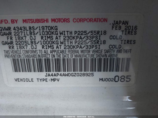 45800795 :رقم المزاد ، JA4AP4AW0GZ028925 vin ، 2016 Mitsubishi Outlander Sport 2.4 Sel مزاد بيع