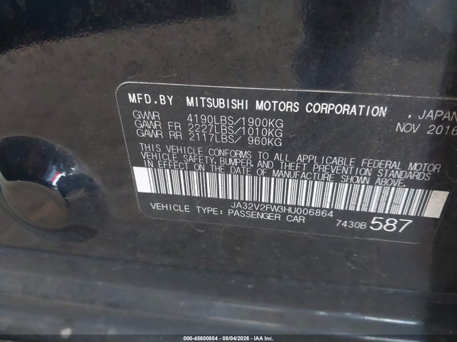 Продажа на аукционе авто 2017 Mitsubishi Lancer Se, vin: JA32V2FW3HU006864, номер лота: 45800804