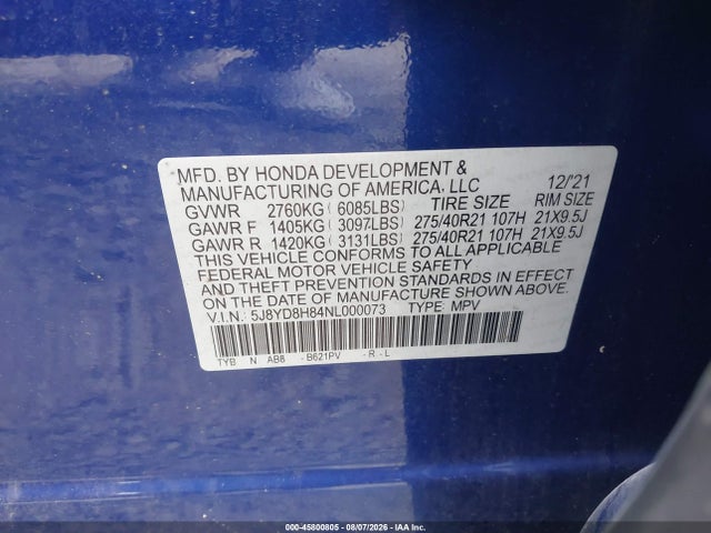 45800805 :رقم المزاد ، 5J8YD8H84NL000073 vin ، 2022 Acura Mdx Type S W/advance Package مزاد بيع