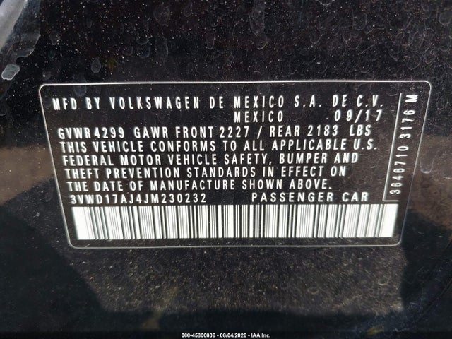 45800806 :رقم المزاد ، 3VWD17AJ4JM230232 vin ، 2018 Volkswagen Jetta 1.8t Se Sport مزاد بيع