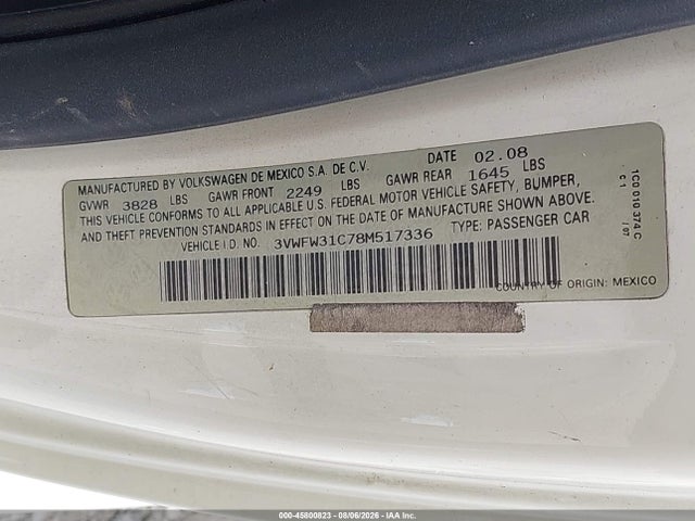 Продаж на аукціоні авто 2008 Volkswagen New Beetle Black Tie Edition/triple White, vin: 3VWFW31C78M517336, номер лоту: 45800823