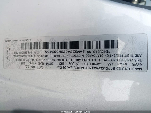 2011 Volkswagen Jetta 2.5l Se მანქანა იყიდება აუქციონზე, vin: 3VWBZ7AJ7BM399405, აუქციონის ნომერი: 45800824