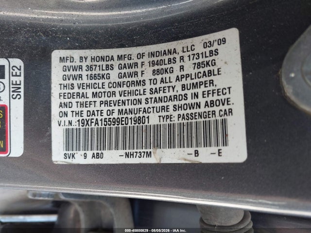 Продажа на аукционе авто 2009 Honda Civic Lx, vin: 19XFA15599E019801, номер лота: 45800829