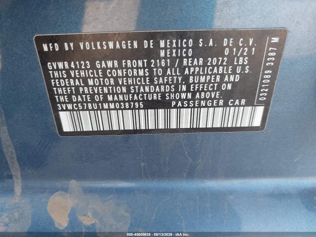 2021 Volkswagen Jetta 1.4t R-line/1.4t Se/s მანქანა იყიდება აუქციონზე, vin: 3VWC57BU1MM038795, აუქციონის ნომერი: 45800838