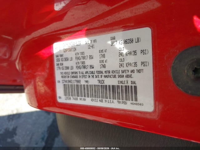Продаж на аукціоні авто 2002 Dodge Ram 1500 St, vin: 1D7HA18N62J179802, номер лоту: 45800852
