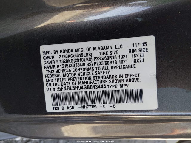 Aukcja sprzedaży 2016 Honda Odyssey Touring/touring Elite, vin: 5FNRL5H94GB043444, numer aukcji: 45800855