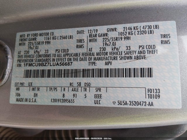 2020 Ford Escape Se Sport Hybrid მანქანა იყიდება აუქციონზე, vin: 1FMCU9BZ7LUA56687, აუქციონის ნომერი: 45800858