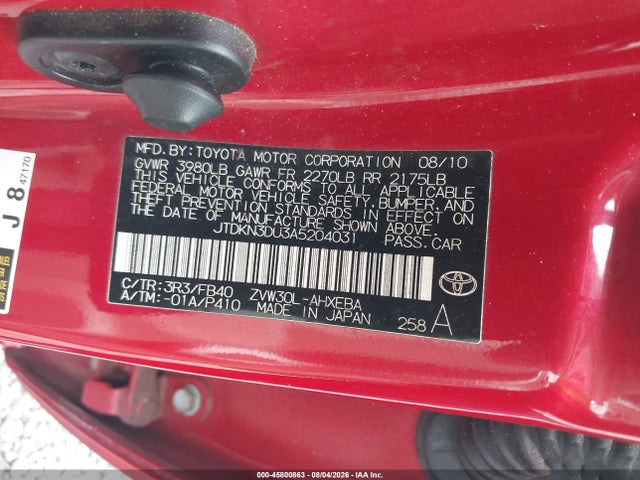 45800863 :رقم المزاد ، JTDKN3DU3A5204031 vin ، 2010 Toyota Prius Iii مزاد بيع
