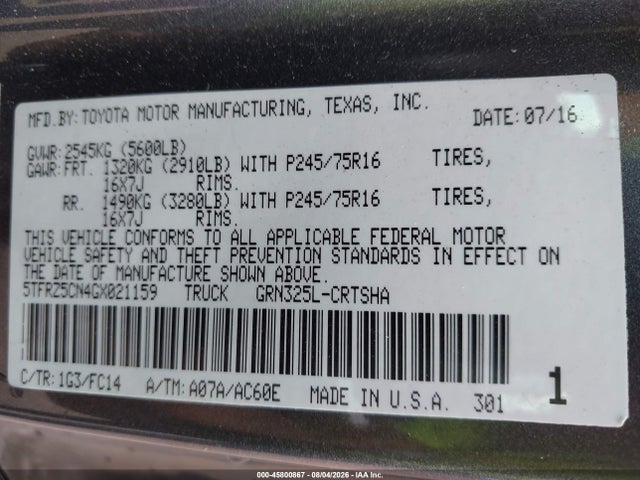 2016 Toyota Tacoma Sr5 V6 მანქანა იყიდება აუქციონზე, vin: 5TFRZ5CN4GX021159, აუქციონის ნომერი: 45800867
