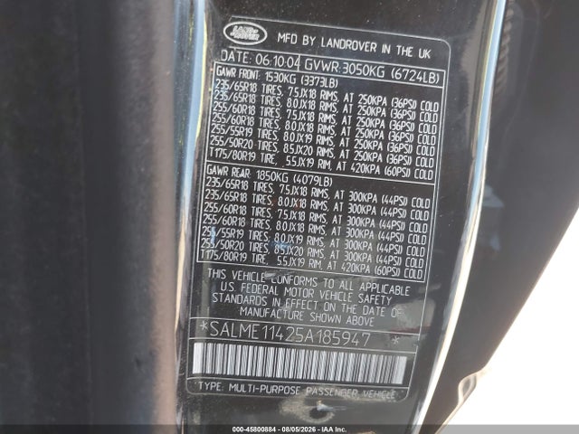 Aukcja sprzedaży 2005 Land Rover Range Rover Hse, vin: SALME11425A185947, numer aukcji: 45800884