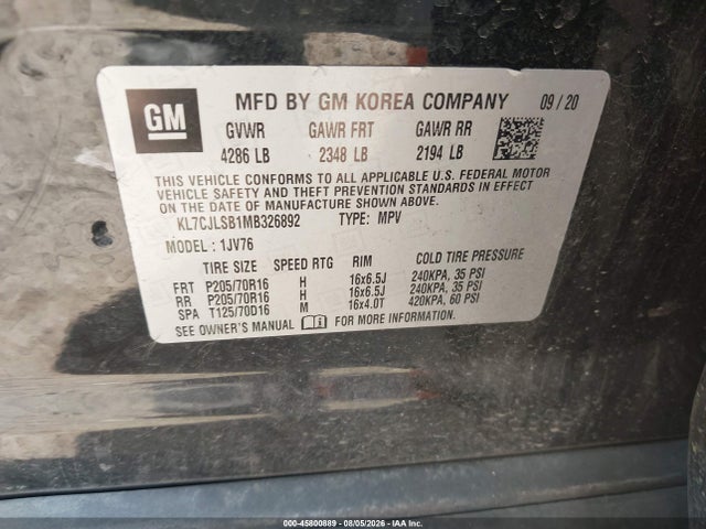 45800889 :رقم المزاد ، KL7CJLSB1MB326892 vin ، 2021 Chevrolet Trax Fwd Lt مزاد بيع