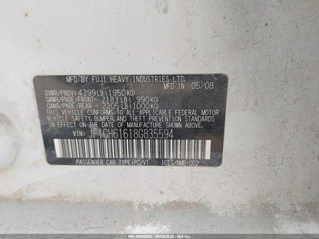 Aukcja sprzedaży 2008 Subaru Impreza 2.5i, vin: JF1GH61618G835594, numer aukcji: 45800890