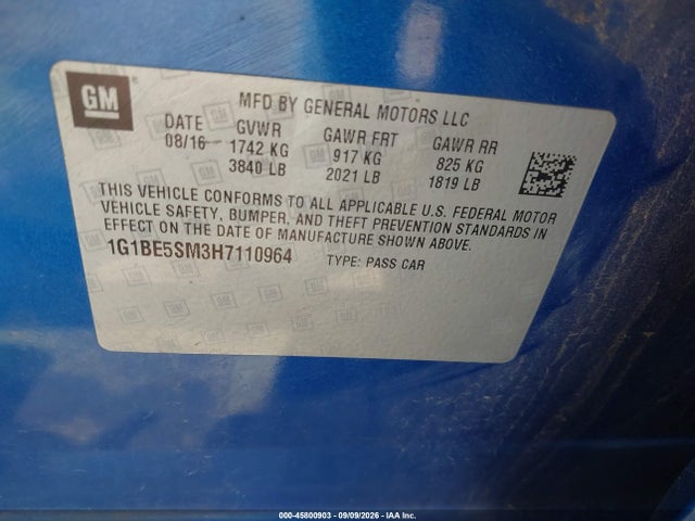 45800903 :رقم المزاد ، 1G1BE5SM3H7110964 vin ، 2017 Chevrolet Cruze Lt Auto مزاد بيع