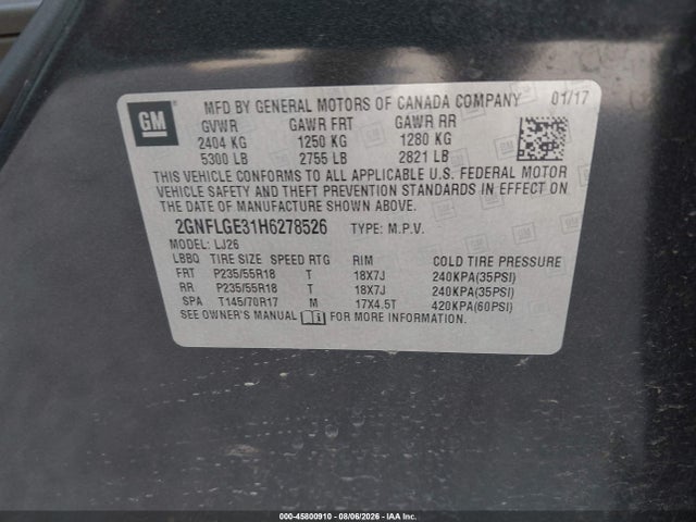 Продажа на аукционе авто 2017 Chevrolet Equinox Premier, vin: 2GNFLGE31H6278526, номер лота: 45800910