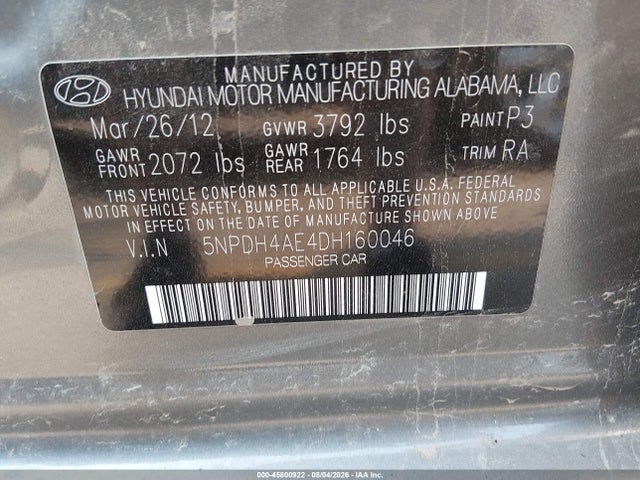 Продажа на аукционе авто 2013 Hyundai Elantra Gls, vin: 5NPDH4AE4DH160046, номер лота: 45800922