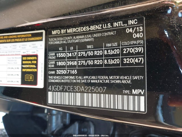 45800935 :رقم المزاد ، 4JGDF7CE3DA225007 vin ، 2013 Mercedes-benz Gl 450 4matic مزاد بيع