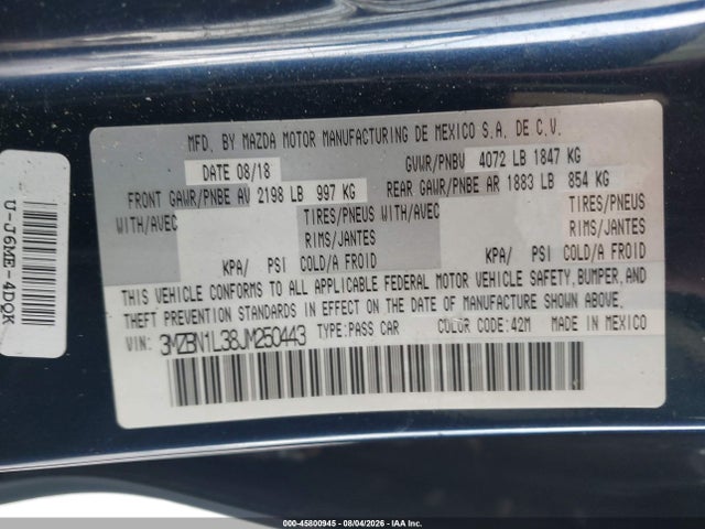 2018 Mazda Mazda3 Touring მანქანა იყიდება აუქციონზე, vin: 3MZBN1L38JM250443, აუქციონის ნომერი: 45800945