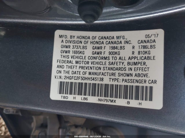 Honda Civic Lx 2017 2HGFC2F50HH545138 Image 9