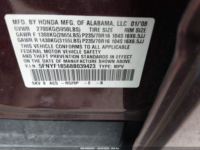 Продажа на аукционе авто 2008 Honda Pilot Ex-l, vin: 5FNYF18568B039423, номер лота: 45800951