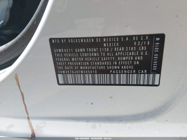 2015 Volkswagen Jetta 2.0l S მანქანა იყიდება აუქციონზე, vin: 3VW2K7AJ6FM305010, აუქციონის ნომერი: 45800959