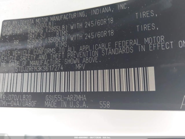 Продажа на аукционе авто 2019 Toyota Highlander Xle, vin: 5TDJZRFH3KS617274, номер лота: 45800961