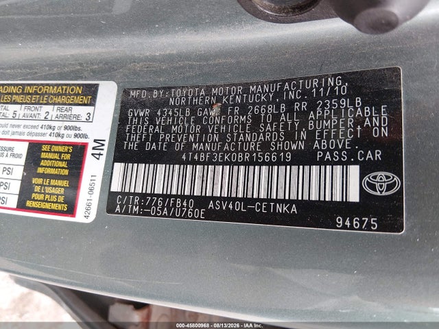 Продаж на аукціоні авто 2011 Toyota Camry Le, vin: 4T4BF3EK0BR156619, номер лоту: 45800968