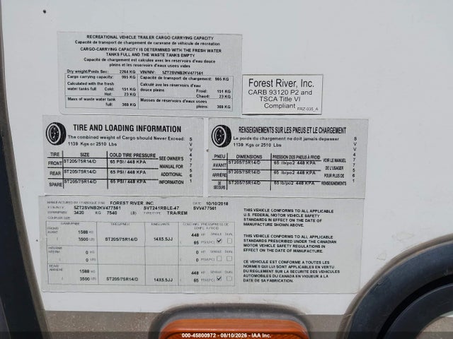 Продаж на аукціоні авто 2019 Forest River Other, vin: 5ZT2SVNB2KV477561, номер лоту: 45800972