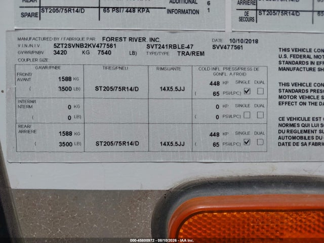 Продаж на аукціоні авто 2019 Forest River Other, vin: 5ZT2SVNB2KV477561, номер лоту: 45800972