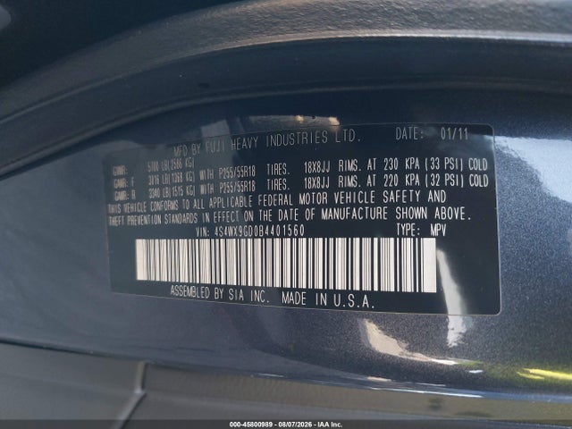 2011 Subaru Tribeca 3.6r Limited მანქანა იყიდება აუქციონზე, vin: 4S4WX9GD0B4401560, აუქციონის ნომერი: 45800989