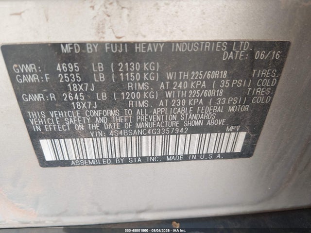 Subaru Outback 2.5i Limited 2016 4S4BSANC4G3357942 Image 9