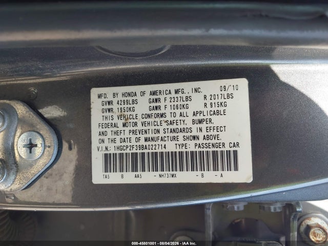 Продаж на аукціоні авто 2011 Honda Accord 2.4 Lx, vin: 1HGCP2F39BA022714, номер лоту: 45801001