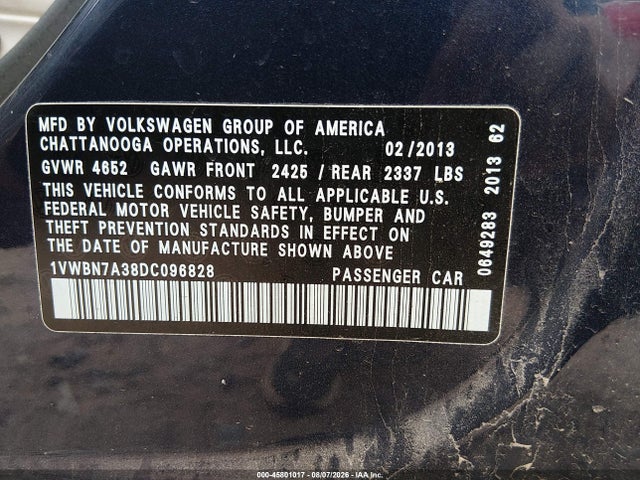 Aukcja sprzedaży 2013 Volkswagen Passat 2.0l Tdi Se, vin: 1VWBN7A38DC096828, numer aukcji: 45801017
