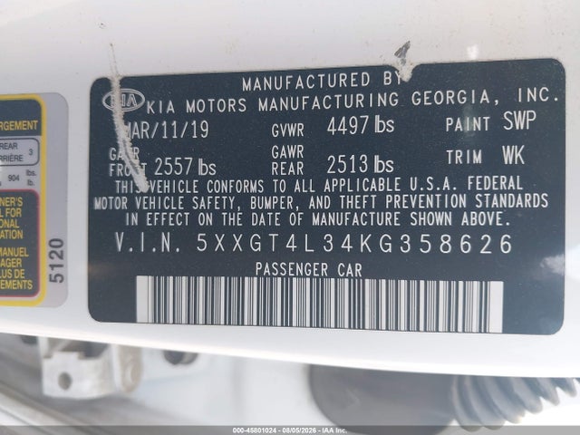 45801024 :رقم المزاد ، 5XXGT4L34KG358626 vin ، 2019 Kia Optima Lx مزاد بيع