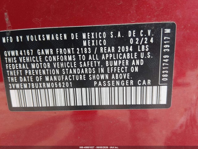 2024 Volkswagen Jetta 1.5t Se მანქანა იყიდება აუქციონზე, vin: 3VWEM7BUXRM056201, აუქციონის ნომერი: 45801027