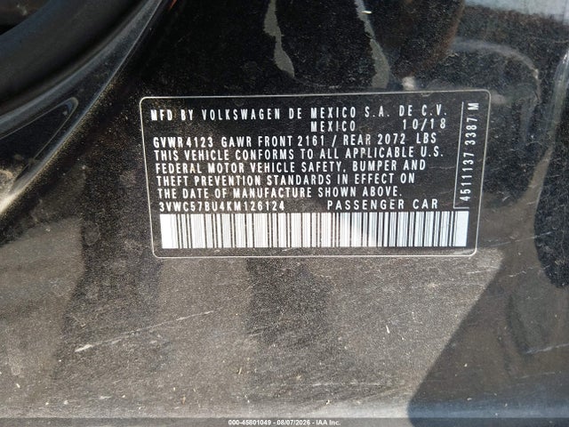 Продаж на аукціоні авто 2019 Volkswagen Jetta, vin: 3VWC57BU4KM126124, номер лоту: 45801049