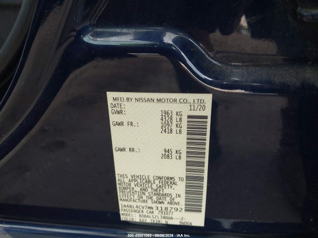 45801062 :رقم المزاد ، 1N4BL4CV7MN318792 vin ، 2021 Nissan Altima Sr Fwd مزاد بيع
