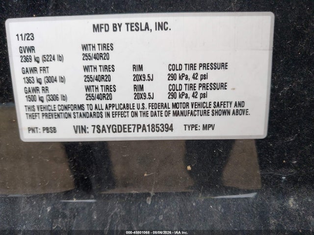 Продаж на аукціоні авто 2023 Tesla Model Y Awd/long Range Dual Motor All-wheel Drive, vin: 7SAYGDEE7PA185394, номер лоту: 45801068