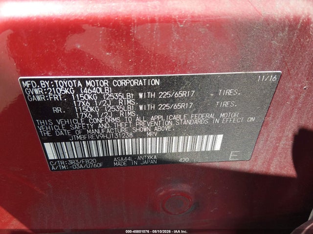 Продажа на аукционе авто 2017 Toyota Rav4 Le, vin: JTMBFREV9HJ131238, номер лота: 45801076