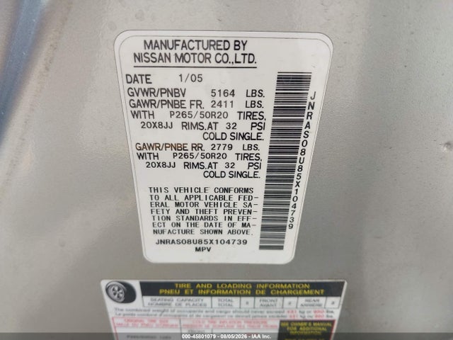 45801079 :رقم المزاد ، JNRAS08U85X104739 vin ، 2005 Infiniti Fx35 مزاد بيع
