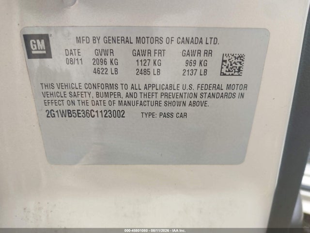 Продажа на аукционе авто 2012 Chevrolet Impala Lt, vin: 2G1WB5E36C1123002, номер лота: 45801080