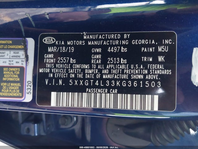 Продажа на аукционе авто 2019 Kia Optima S, vin: 5XXGT4L33KG361503, номер лота: 45801083