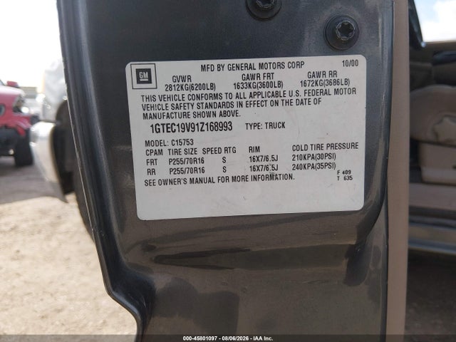 45801097 :رقم المزاد ، 1GTEC19V91Z168993 vin ، 2001 Gmc Sierra 1500 Sle مزاد بيع