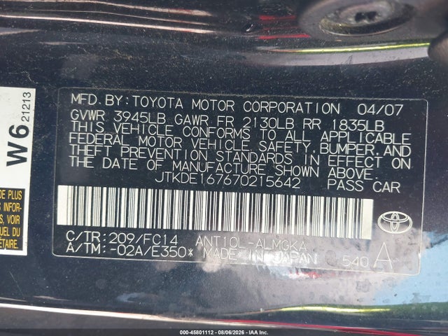 45801112 :رقم المزاد ، JTKDE167670215642 vin ، 2007 Scion Tc مزاد بيع