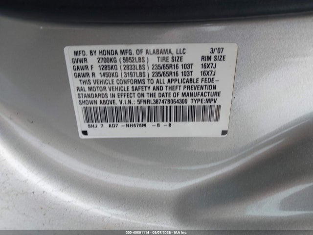 Продаж на аукціоні авто 2007 Honda Odyssey Ex-l, vin: 5FNRL38747B064300, номер лоту: 45801114